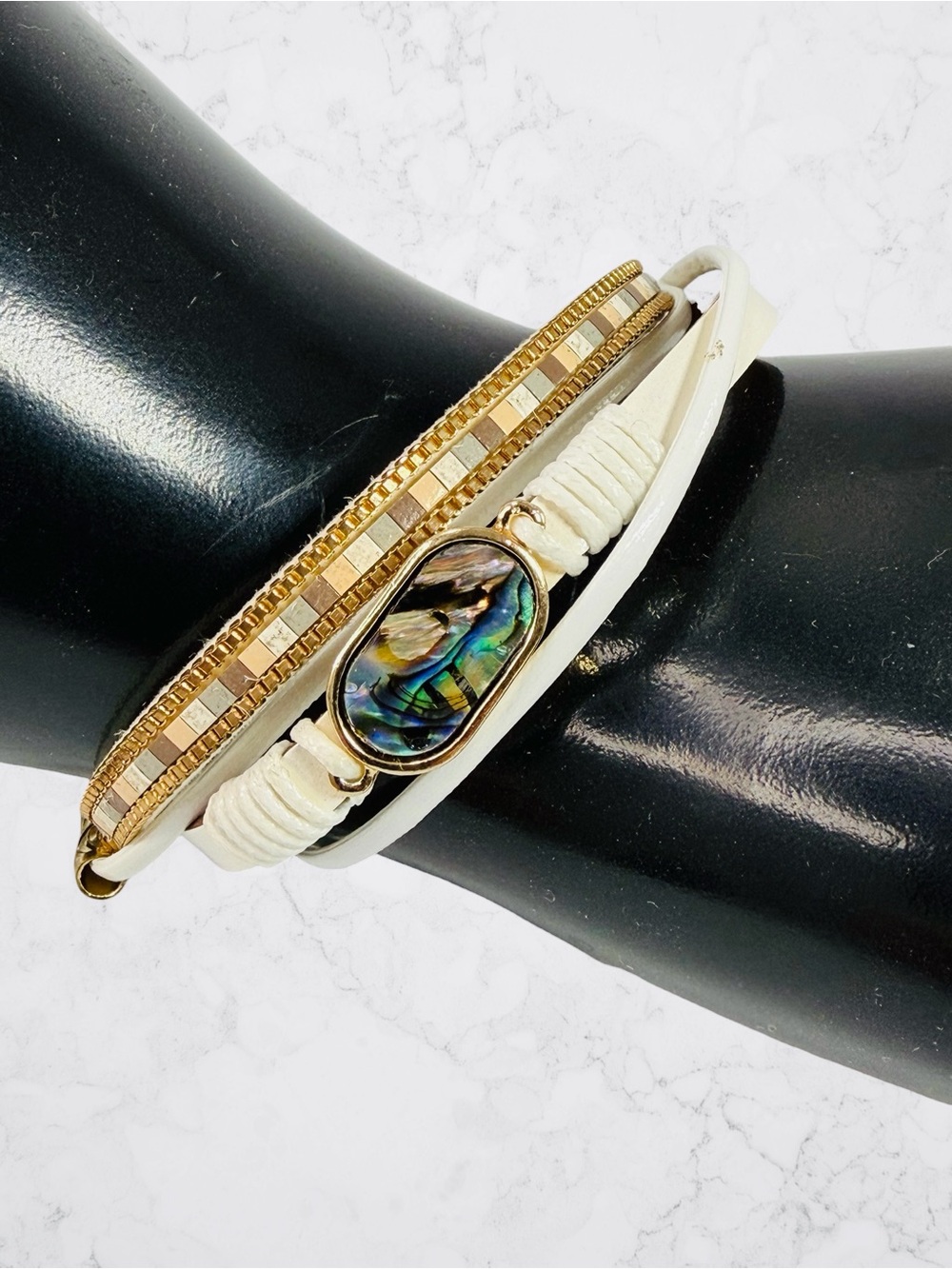 Mother of Pearl Abalone Inlay Bracelet Multi Layer Boho Wrap Magnetic Close Oval